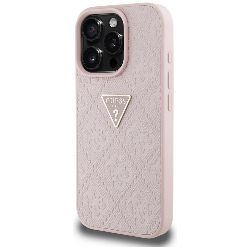 Deksel for Apple iPhone 16 Pro, Guess, Hot Stamp 4G Pattern Triangle Logo, Rosa