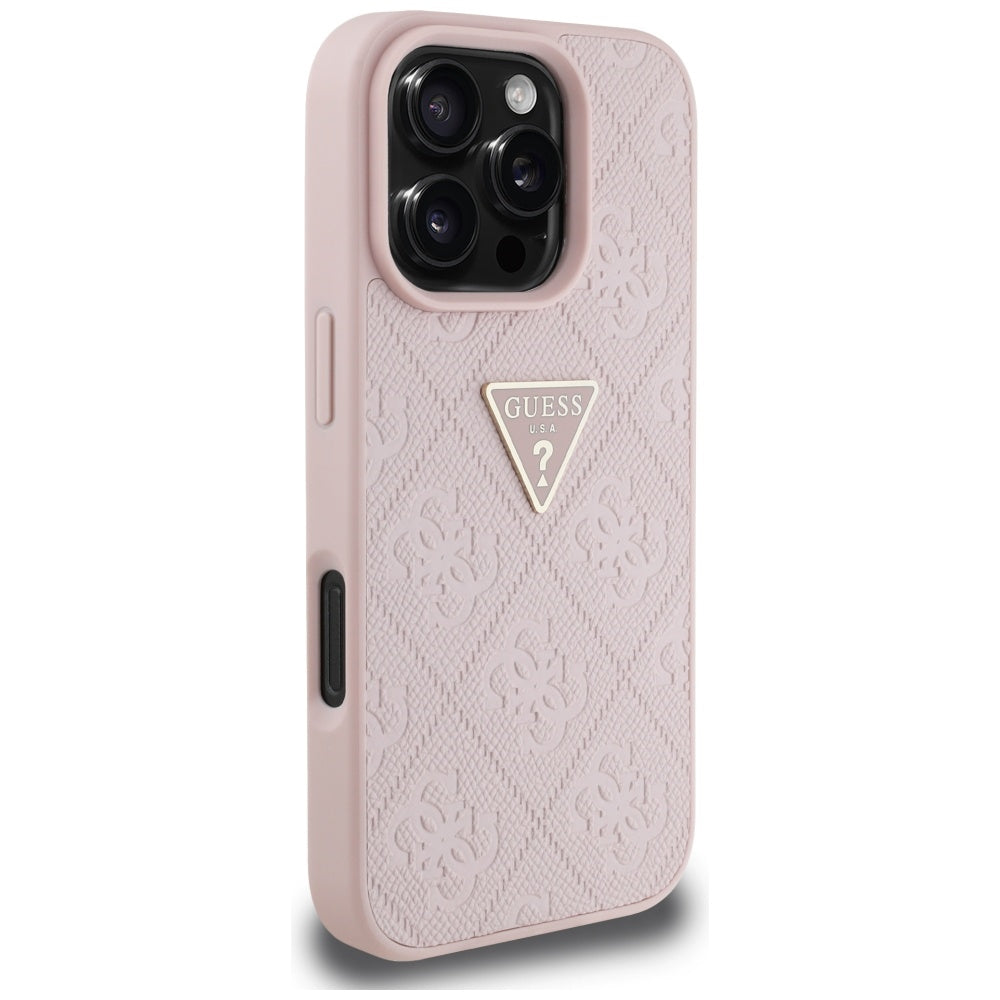 Deksel for Apple iPhone 16 Pro, Guess, Hot Stamp 4G Pattern Triangle Logo, Rosa