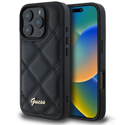 Deksel for Apple iPhone 16 Pro, Guess, Quilted Metal Logo, Svart