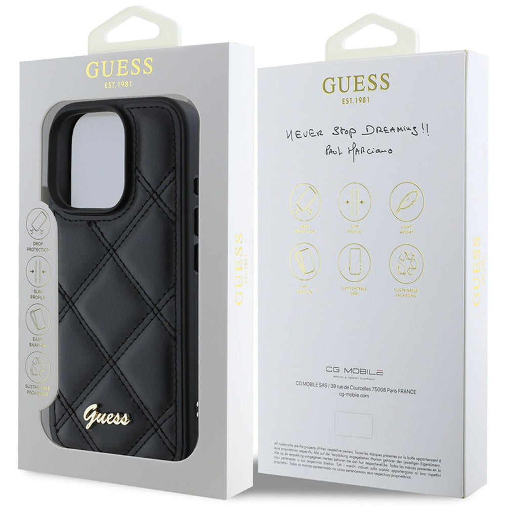 Deksel for Apple iPhone 16 Pro, Guess, Quilted Metal Logo, Svart