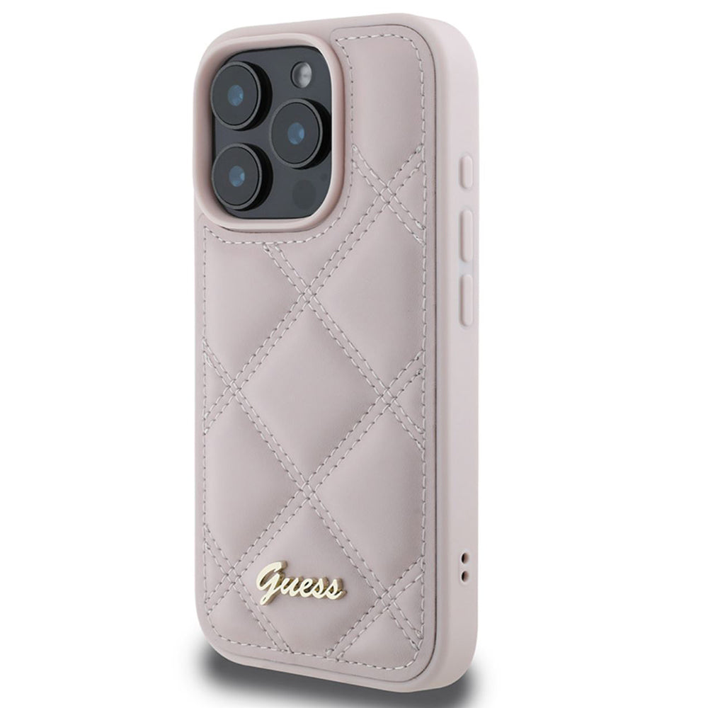 Deksel for Apple iPhone 16 Pro, Guess, Quilted Metal Logo, Rosa