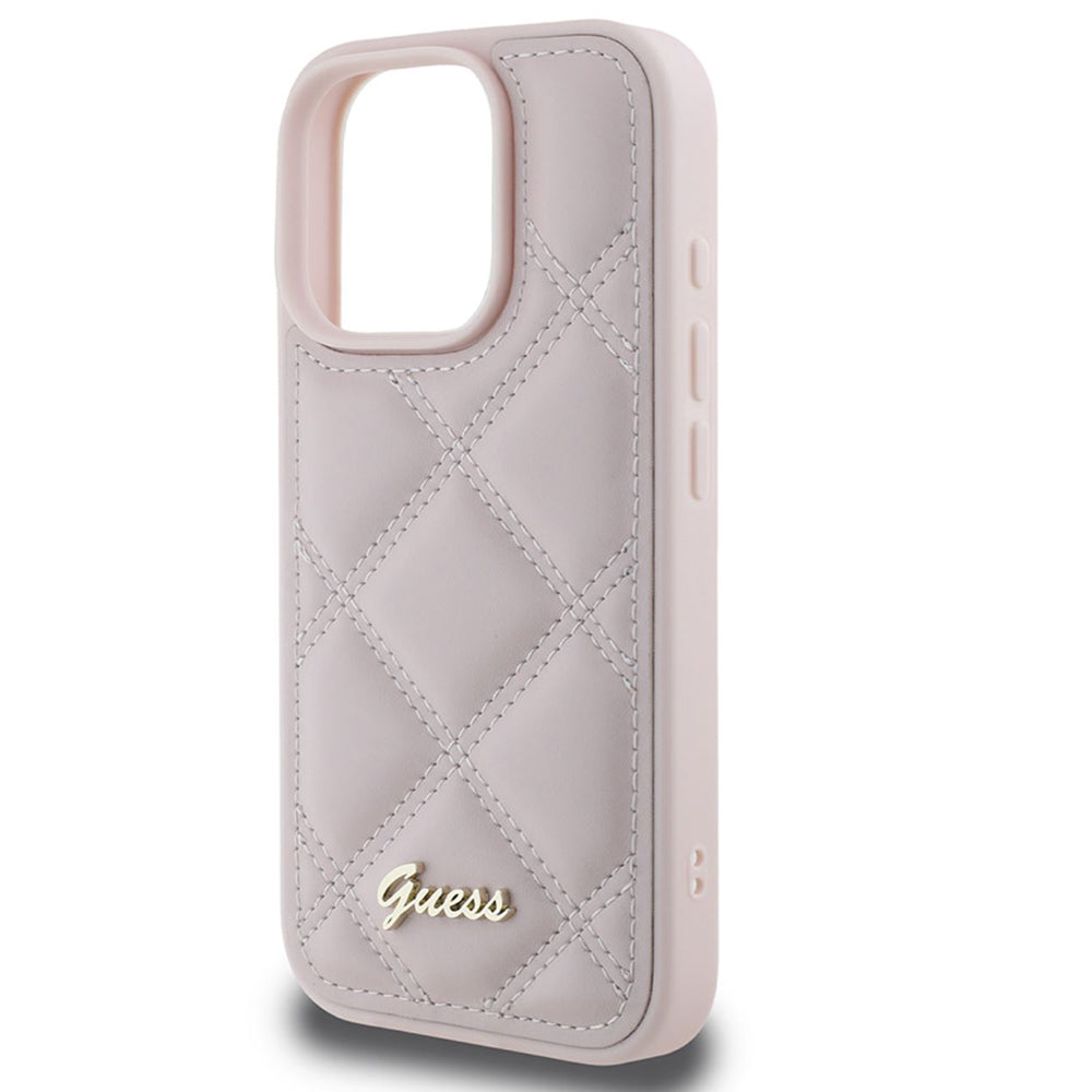 Deksel for Apple iPhone 16 Pro, Guess, Quilted Metal Logo, Rosa