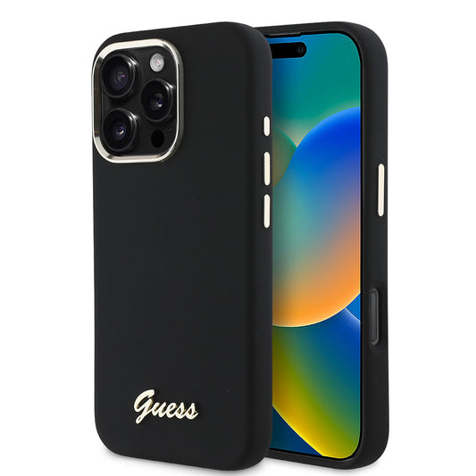 Deksel for Apple iPhone 16 Pro, Guess, Script Metal Logo & Frame, Svart