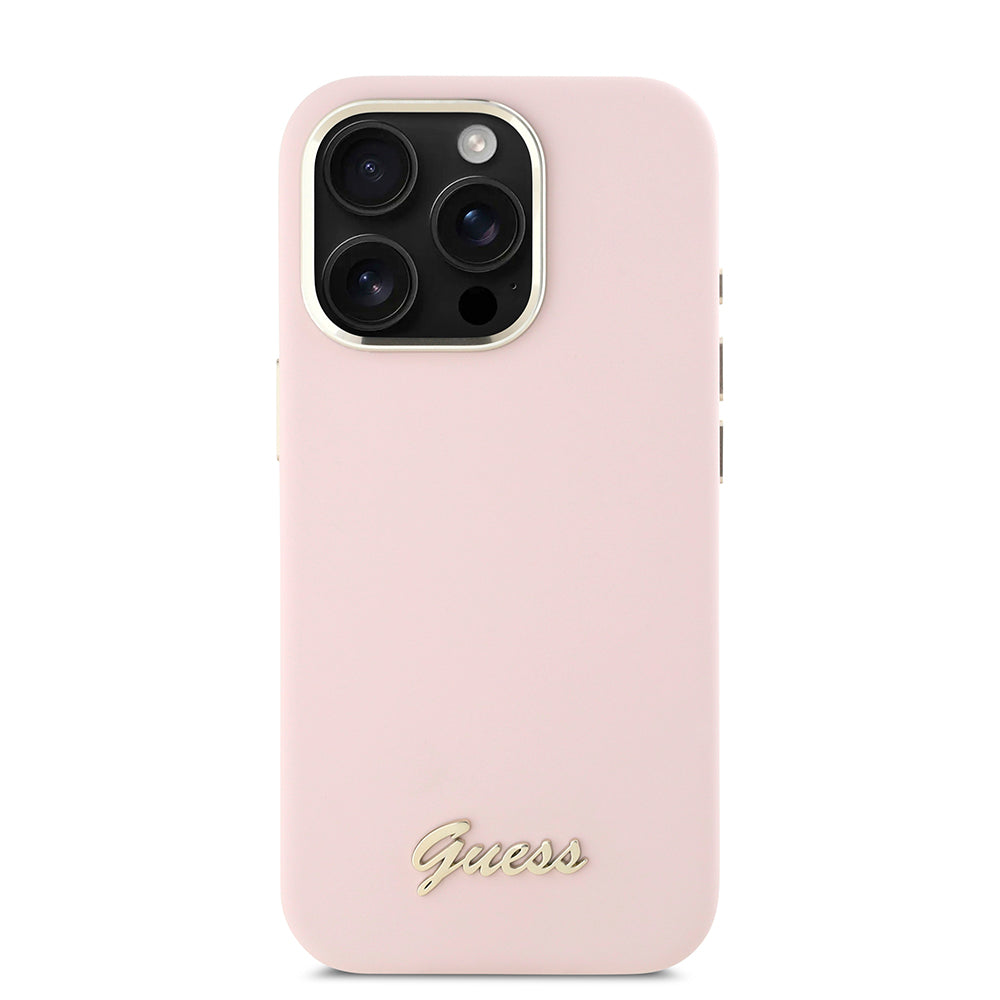 Deksel for Apple iPhone 16 Pro, Guess, Script Metal Logo & Frame, Rosa
