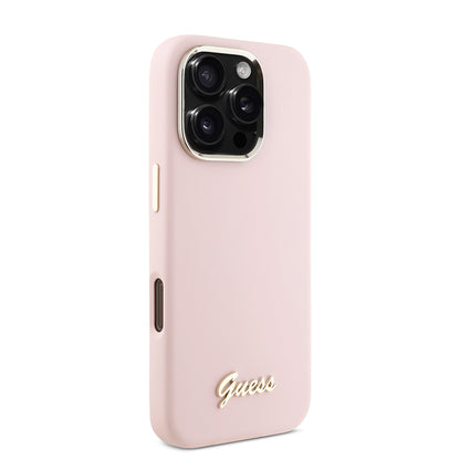 Deksel for Apple iPhone 16 Pro, Guess, Script Metal Logo & Frame, Rosa