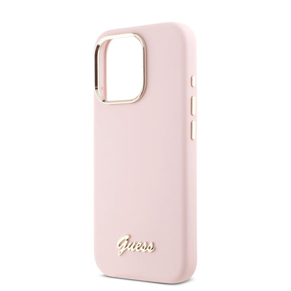 Deksel for Apple iPhone 16 Pro, Guess, Script Metal Logo & Frame, Rosa