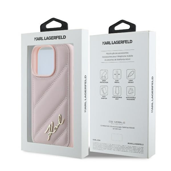 Deksel for Apple iPhone 16 Pro, Karl Lagerfeld, Diagonal Quilted Script, Rosa