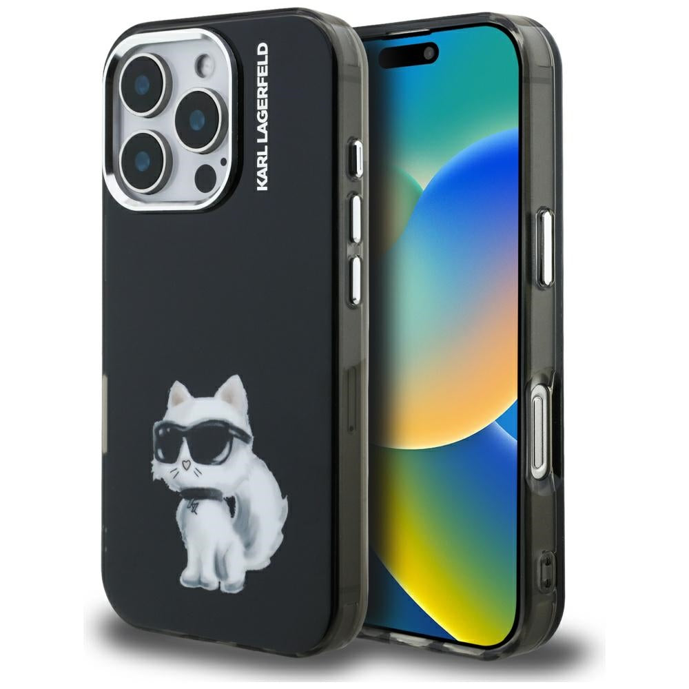 Deksel for Apple iPhone 16 Pro, Karl Lagerfeld, IML Aquarelle Logo Choupette, Svart
