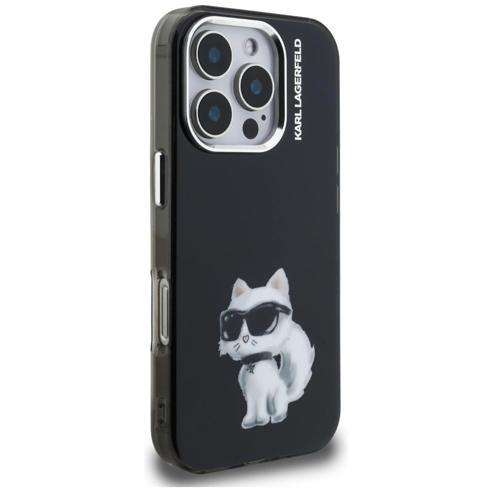 Deksel for Apple iPhone 16 Pro, Karl Lagerfeld, IML Aquarelle Logo Choupette, Svart