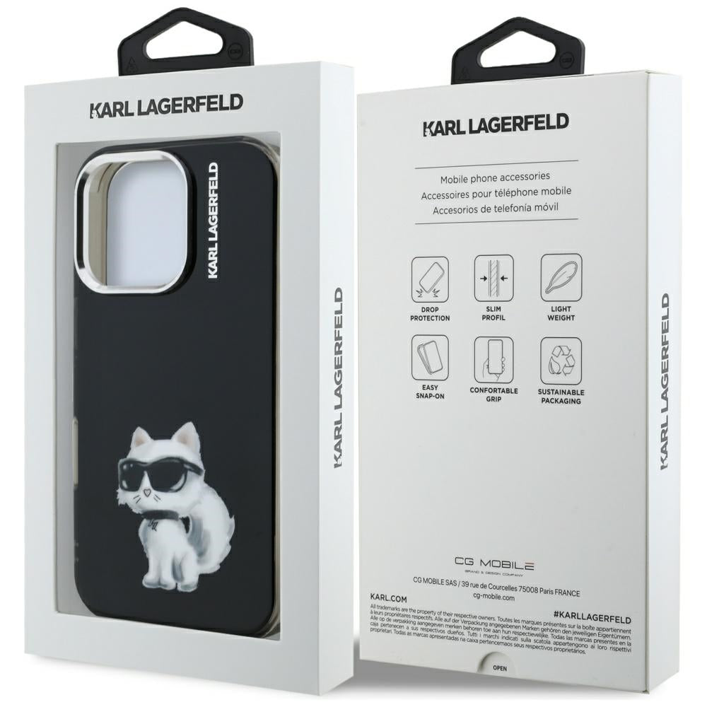 Deksel for Apple iPhone 16 Pro, Karl Lagerfeld, IML Aquarelle Logo Choupette, Svart