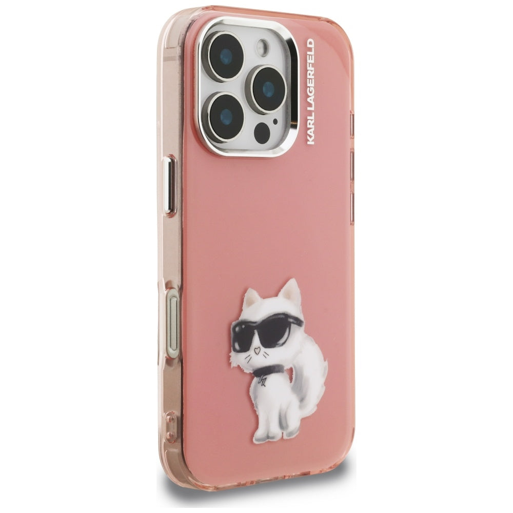 Deksel for Apple iPhone 16 Pro, Karl Lagerfeld, IML Aquarelle Logo Choupette, Rosa