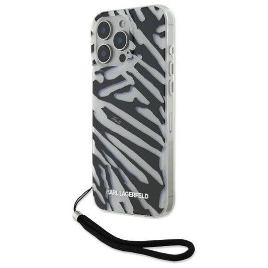 Deksel for Apple iPhone 16 Pro, Karl Lagerfeld, IML Luxury Zebra Pattern with Strap, Svart
