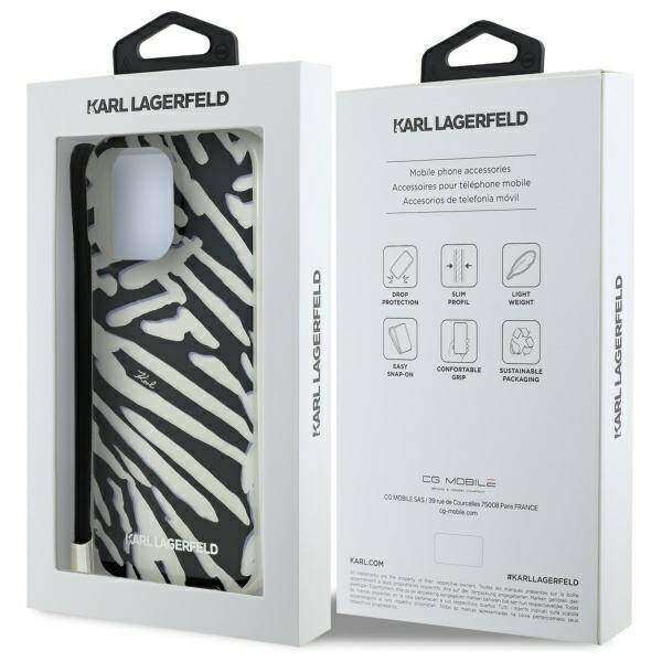Deksel for Apple iPhone 16 Pro, Karl Lagerfeld, IML Luxury Zebra Pattern with Strap, Svart