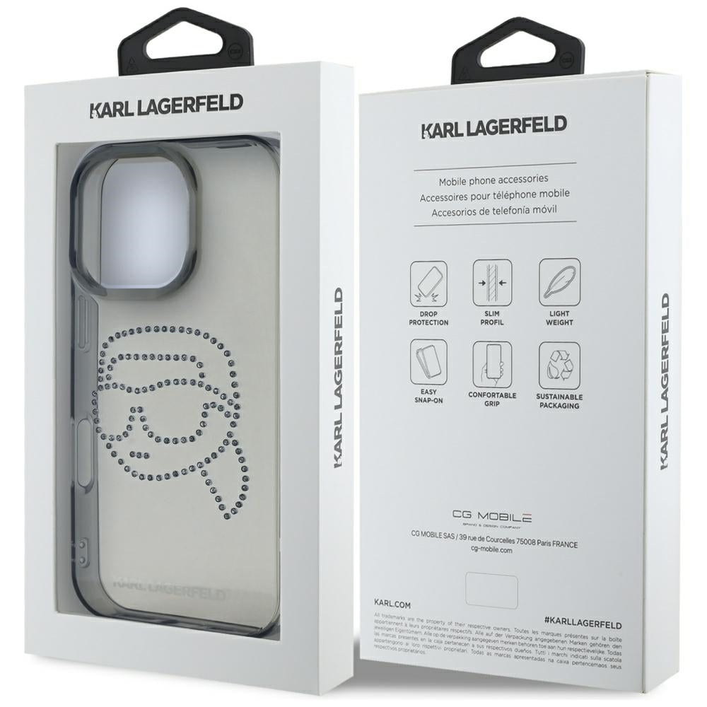 Deksel for Apple iPhone 16 Pro, Karl Lagerfeld, IML Rhinestones Karl's Head, Svart