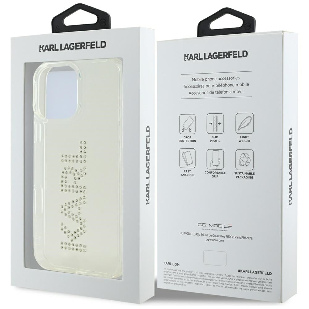 Deksel for Apple iPhone 16 Pro, Karl Lagerfeld, IML Rhinestones Transparent Logo, Gjennomsiktig