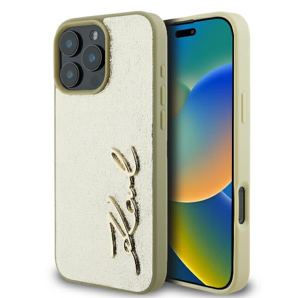 Deksel for Apple iPhone 16 Pro, Karl Lagerfeld, Metal Signature, Gull