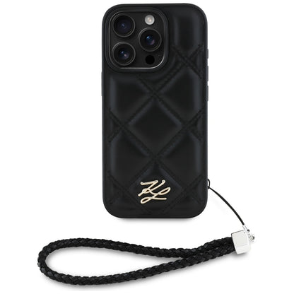Deksel for Apple iPhone 16 Pro, Karl Lagerfeld, Quilted Initial Logo & Chain Strap, Svart