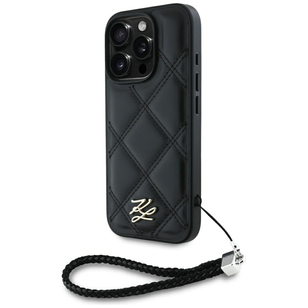 Deksel for Apple iPhone 16 Pro, Karl Lagerfeld, Quilted Initial Logo & Chain Strap, Svart