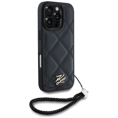 Deksel for Apple iPhone 16 Pro, Karl Lagerfeld, Quilted Initial Logo & Chain Strap, Svart