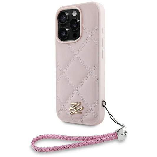 Deksel for Apple iPhone 16 Pro, Karl Lagerfeld, Quilted Initial Logo & Chain Strap, Rosa