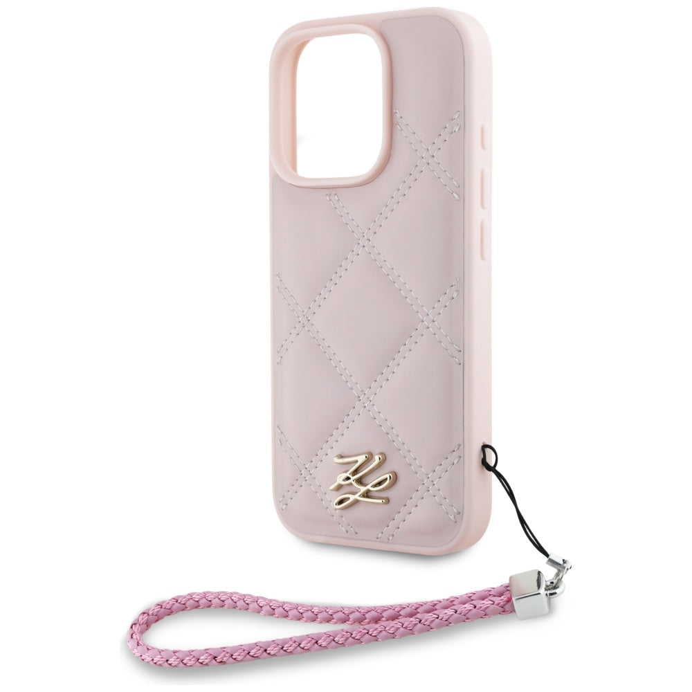 Deksel for Apple iPhone 16 Pro, Karl Lagerfeld, Quilted Initial Logo & Chain Strap, Rosa