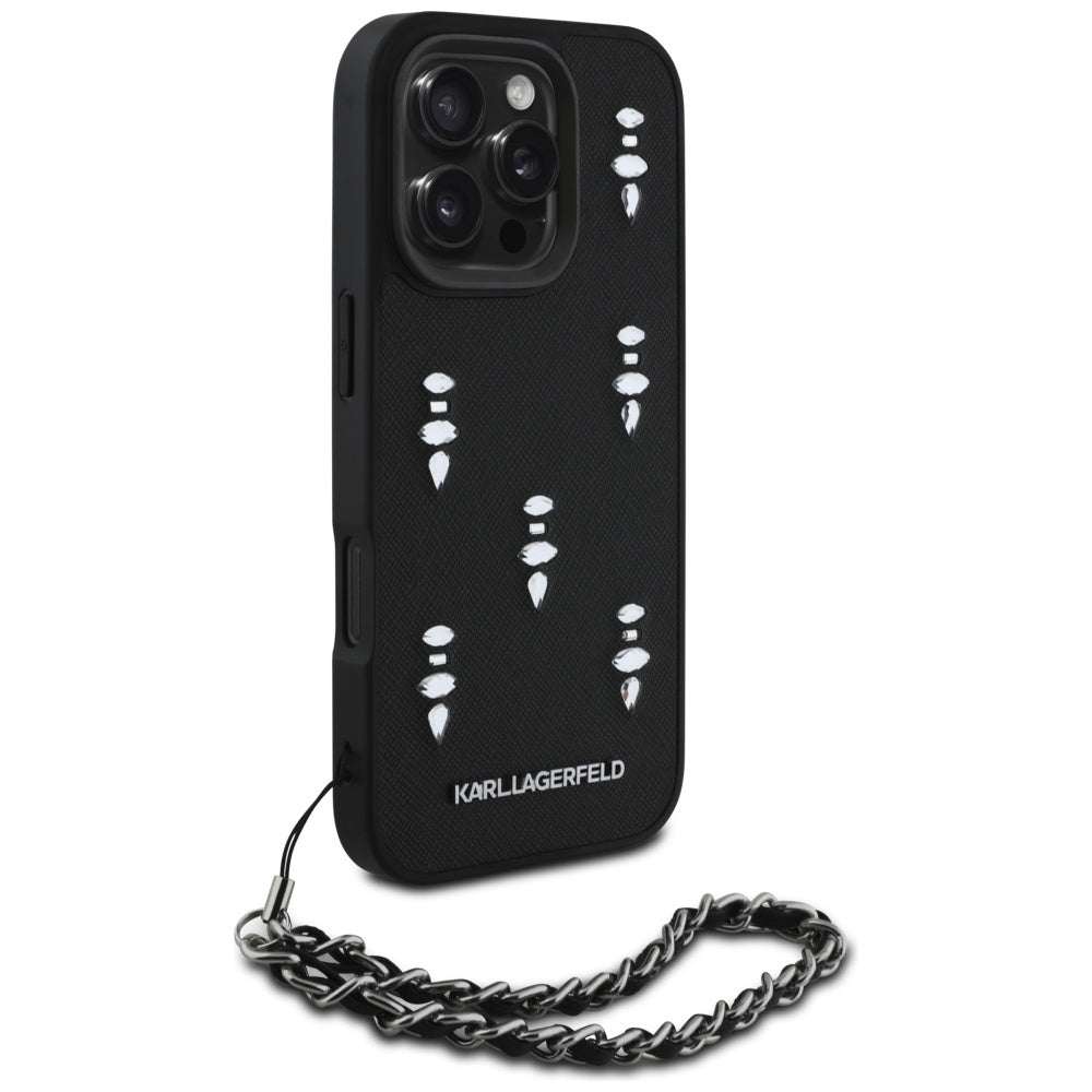 Deksel for Apple iPhone 16 Pro, Karl Lagerfeld, Saffiano Crystals & Charm, Svart