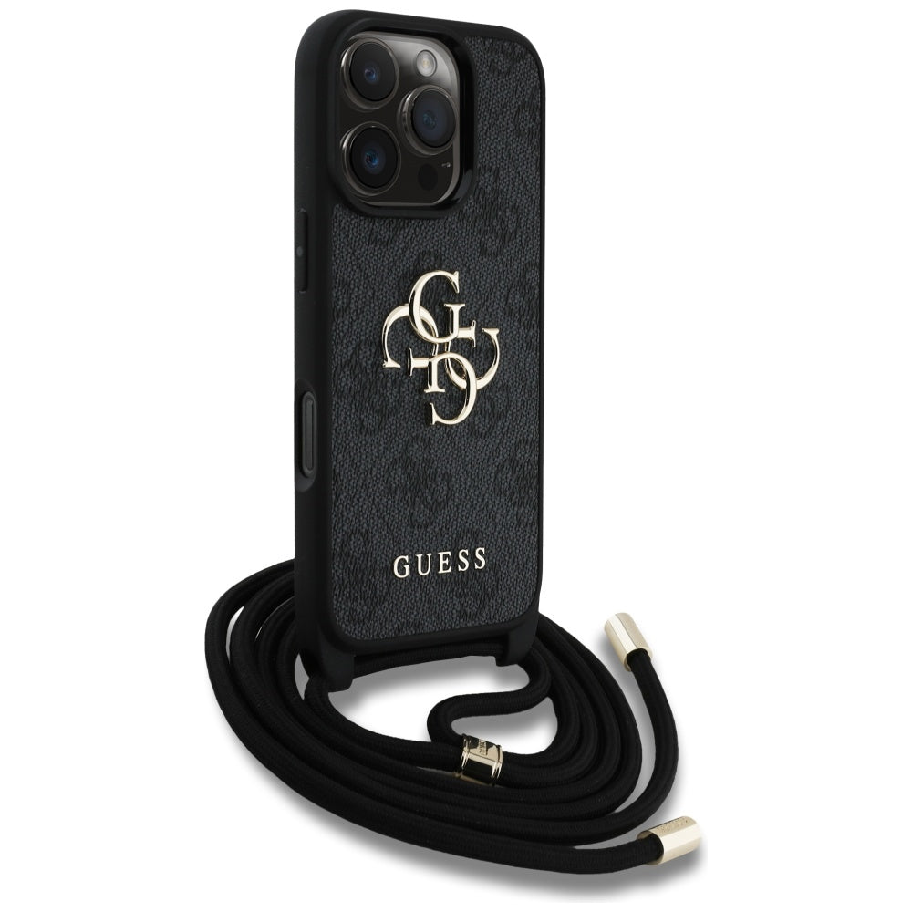 Deksel for Apple iPhone 16 Pro Max, Guess, 4G CBDY Big Logo with Cord Strap, Svart