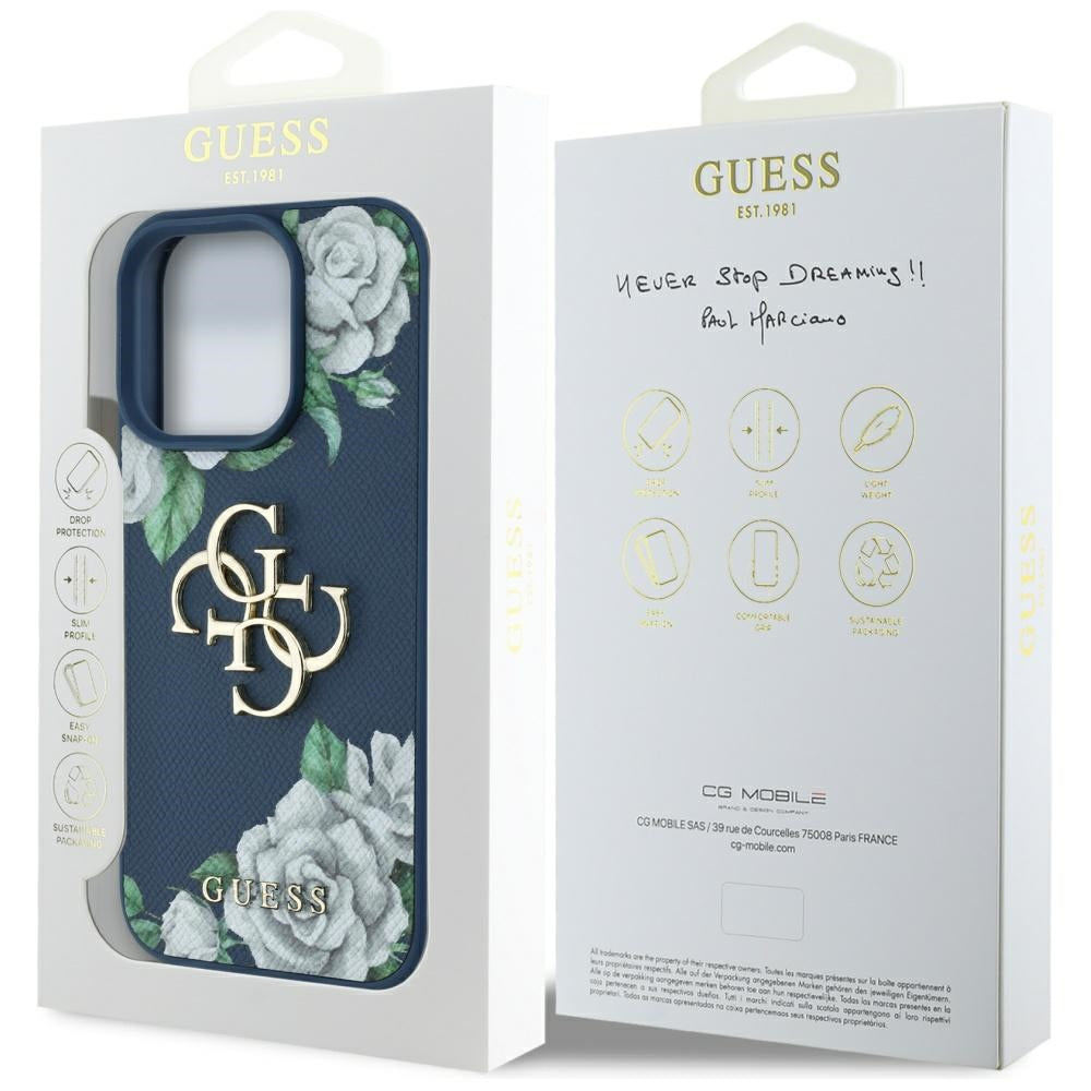 Deksel for Apple iPhone 16 Pro Max, Guess, 4G Grained Roses Big Logo, Blå