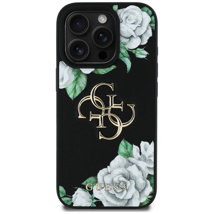 Deksel for Apple iPhone 16 Pro Max, Guess, 4G Grained Roses Big Logo, Svart