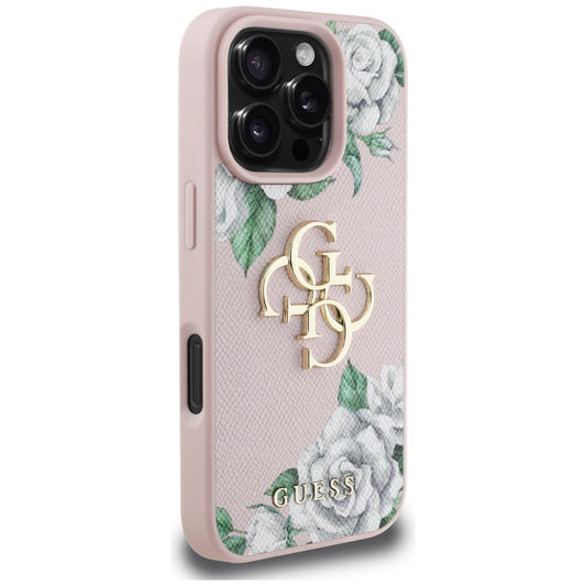 Deksel for Apple iPhone 16 Pro Max, Guess, 4G Grained Roses Big Logo, Rosa