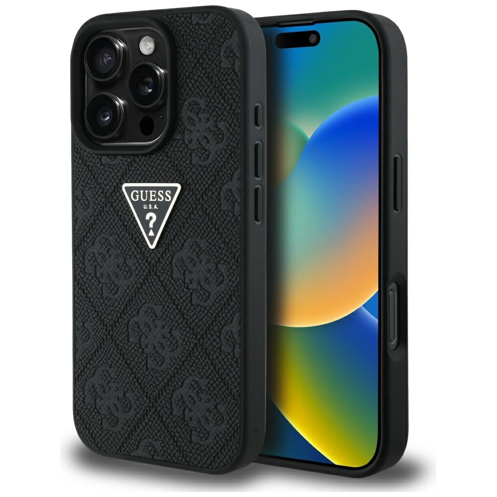 Deksel for Apple iPhone 16 Pro Max, Guess, Hot Stamp 4G Pattern Triangle Logo, Svart