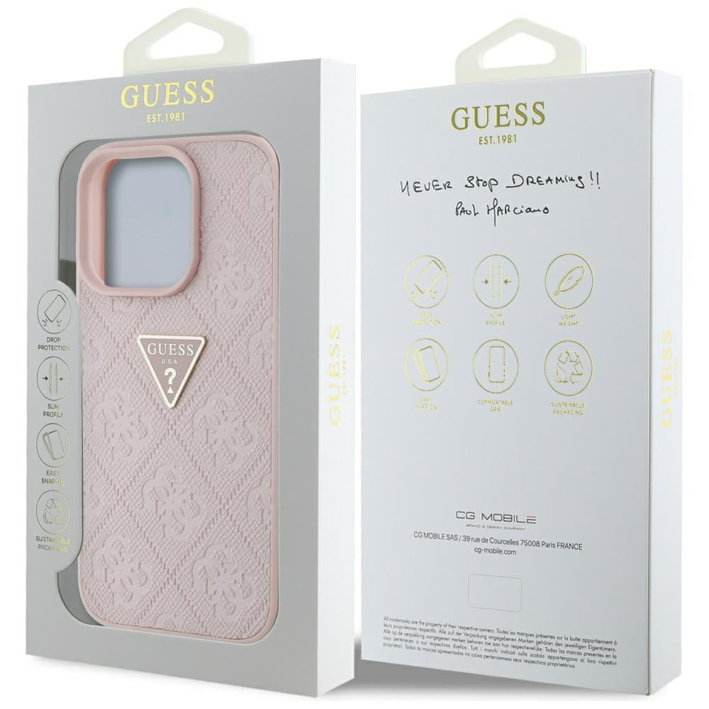 Deksel for Apple iPhone 16 Pro Max, Guess, Hot Stamp 4G Pattern Triangle Logo, Rosa