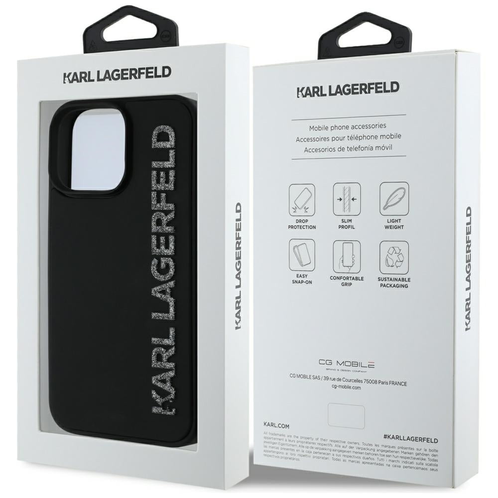 Deksel for Apple iPhone 16 Pro Max, Karl Lagerfeld, 3D Rubber Elongated Glitter Logo, Svart