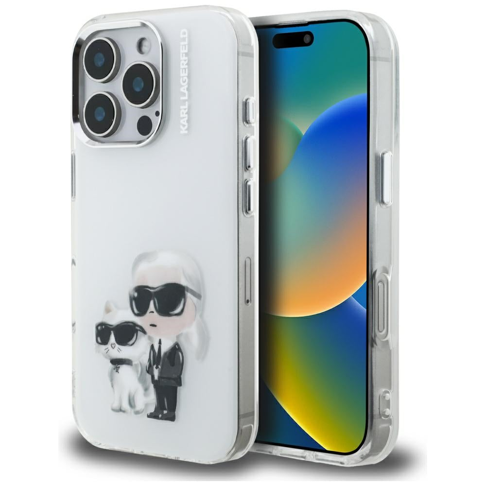 Deksel for Apple iPhone 16 Pro Max, Karl Lagerfeld, IML Aquarelle Logo Karl & Choupette, Hvit