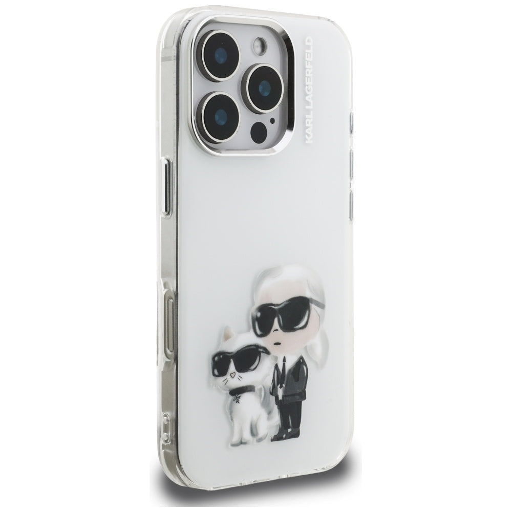 Deksel for Apple iPhone 16 Pro Max, Karl Lagerfeld, IML Aquarelle Logo Karl & Choupette, Hvit