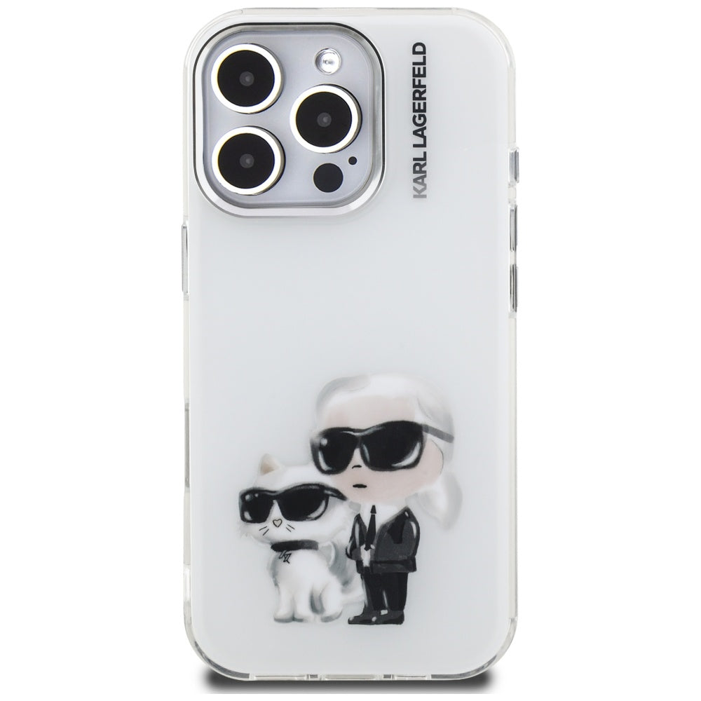 Deksel for Apple iPhone 16 Pro Max, Karl Lagerfeld, IML Aquarelle Logo Karl & Choupette, Hvit