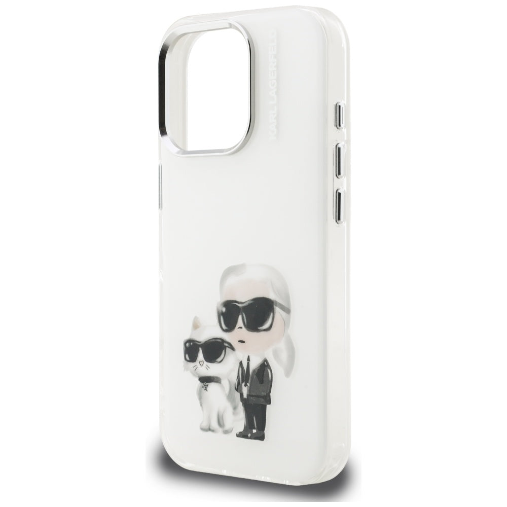 Deksel for Apple iPhone 16 Pro Max, Karl Lagerfeld, IML Aquarelle Logo Karl & Choupette, Hvit
