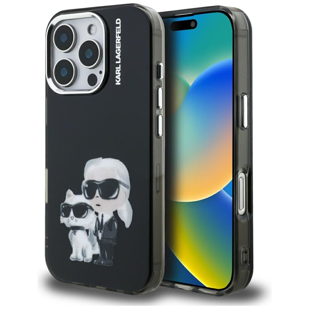 Deksel for Apple iPhone 16 Pro Max, Karl Lagerfeld, IML Aquarelle Logo Karl & Choupette, Svart