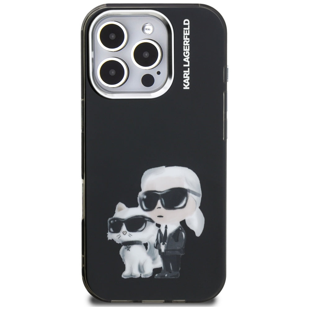 Deksel for Apple iPhone 16 Pro Max, Karl Lagerfeld, IML Aquarelle Logo Karl & Choupette, Svart