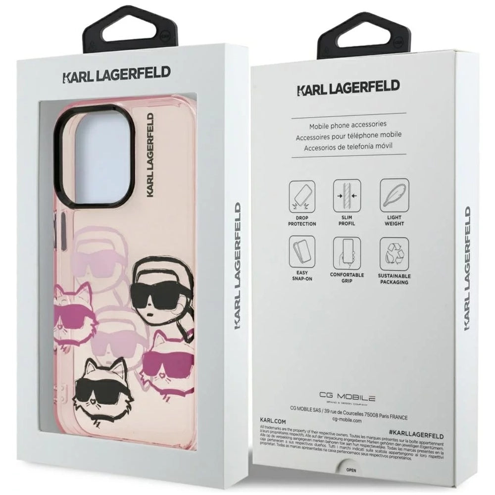 Deksel for Apple iPhone 16 Pro Max, Karl Lagerfeld, IML Luxury Multi Head Pattern, Rosa