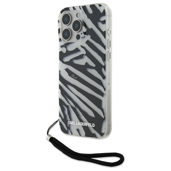 Deksel for Apple iPhone 16 Pro Max, Karl Lagerfeld, IML Luxury Zebra Pattern with Strap, Svart