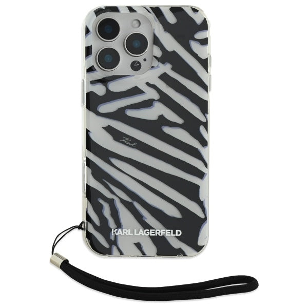 Deksel for Apple iPhone 16 Pro Max, Karl Lagerfeld, IML Luxury Zebra Pattern with Strap, Svart