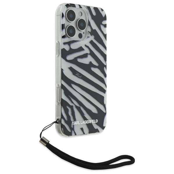 Deksel for Apple iPhone 16 Pro Max, Karl Lagerfeld, IML Luxury Zebra Pattern with Strap, Svart