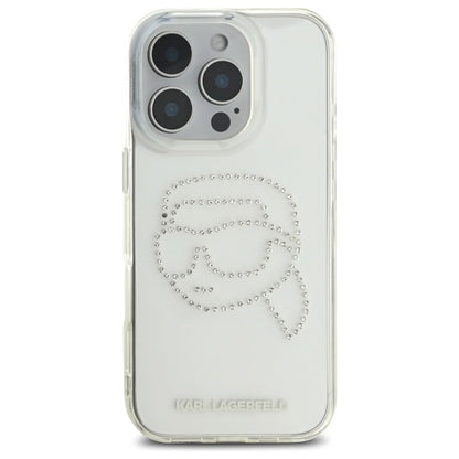 Deksel for Apple iPhone 16 Pro Max, Karl Lagerfeld, IML Rhinestones Karl's Head, Gjennomsiktig