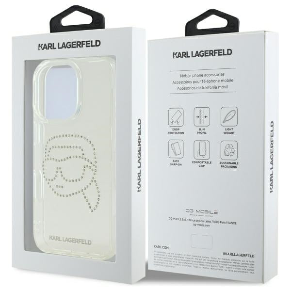 Deksel for Apple iPhone 16 Pro Max, Karl Lagerfeld, IML Rhinestones Karl's Head, Gjennomsiktig