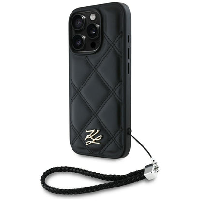 Deksel for Apple iPhone 16 Pro Max, Karl Lagerfeld, Quilted Initial Logo & Chain Strap, Svart