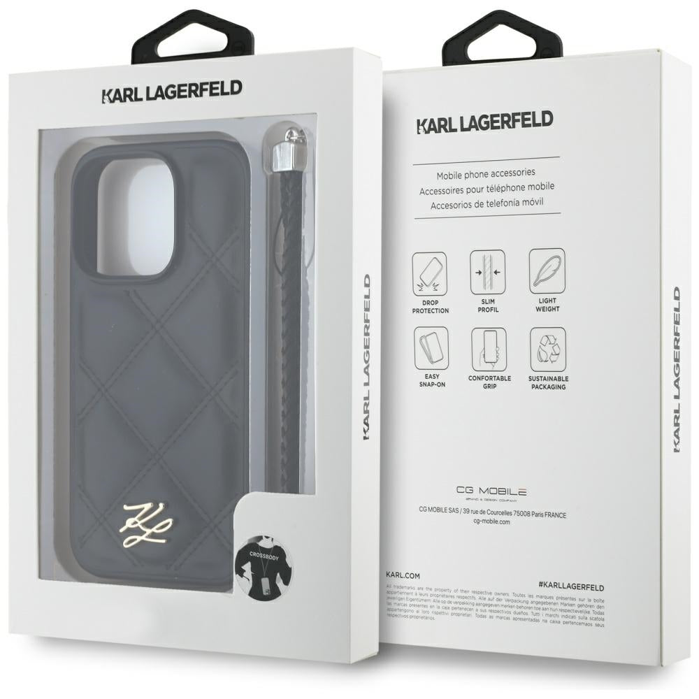 Deksel for Apple iPhone 16 Pro Max, Karl Lagerfeld, Quilted Initial Logo & Chain Strap, Svart