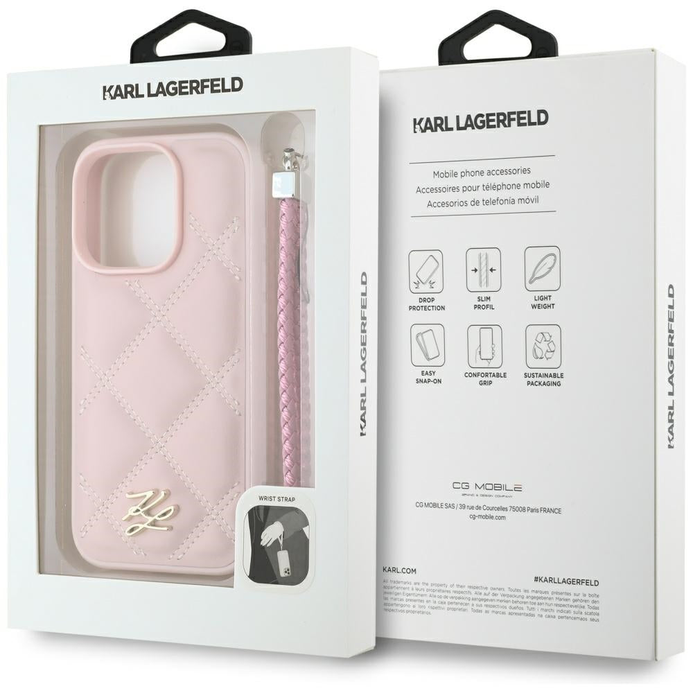 Deksel for Apple iPhone 16 Pro Max, Karl Lagerfeld, Quilted Initial Logo & Chain Strap, Rosa