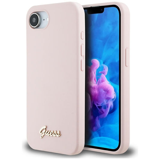 Deksel for Apple iPhone 16e, Guess, Script Metal Logo, Rosa