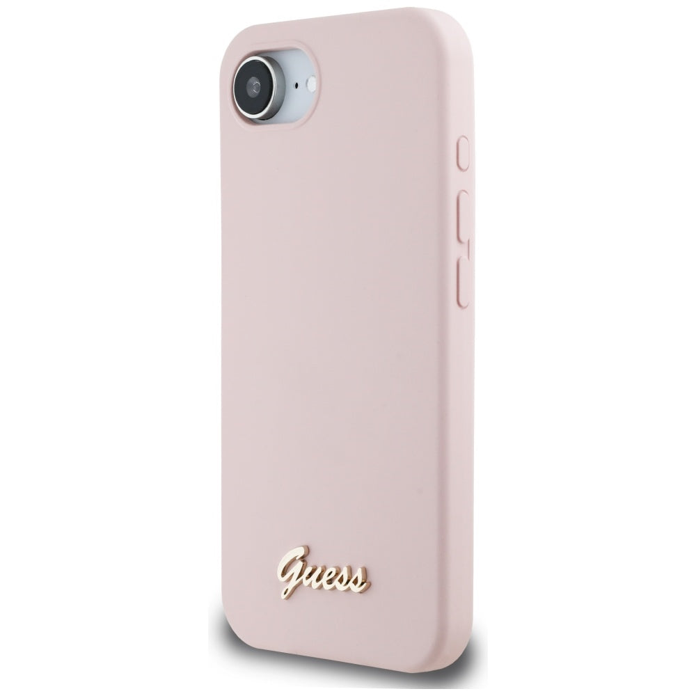 Deksel for Apple iPhone 16e, Guess, Script Metal Logo, Rosa